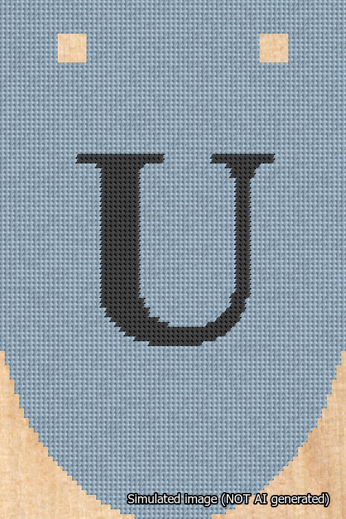 A simulated image of the stitched needlepoint design: Banner 18m Rounded U Black on Light Blue. Not A.I. generated.