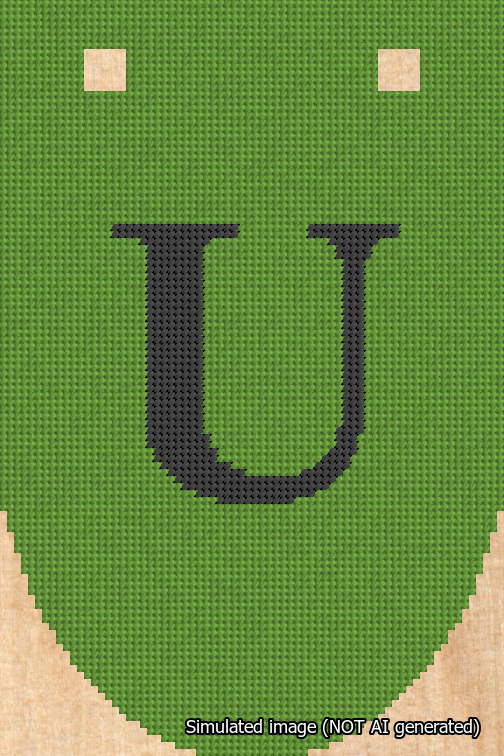A simulated image of the stitched needlepoint design: Banner 18m Rounded U Black on Light Green. Not A.I. generated.