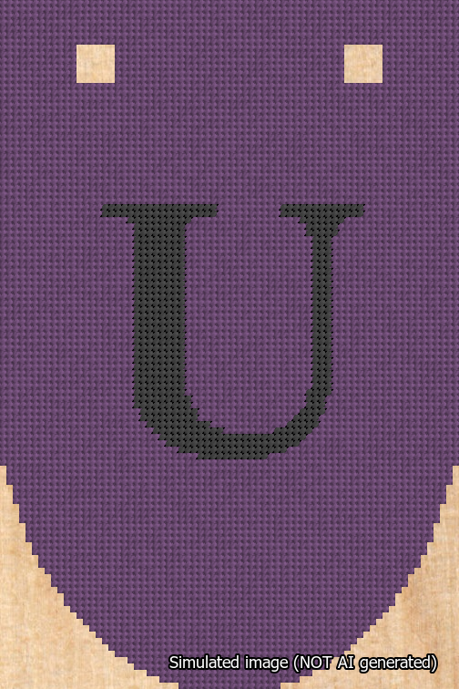 A simulated image of the stitched needlepoint design: Banner 18m Rounded U Black on Purple. Not A.I. generated.