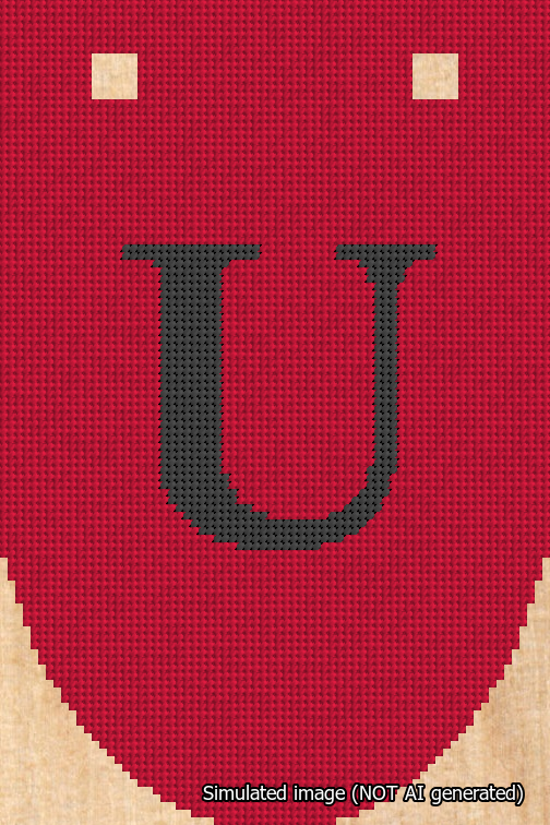 A simulated image of the stitched needlepoint design: Banner 18m Rounded U Black on Red. Not A.I. generated.