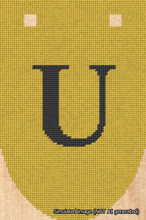 A simulated image of the stitched needlepoint design: Banner 18m Rounded U Black on Yellow. Not A.I. generated.