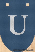 A simulated image of the stitched needlepoint design: Banner 18m Rounded U White on Blue. Not A.I. generated.