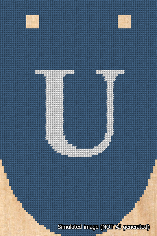 A simulated image of the stitched needlepoint design: Banner 18m Rounded U White on Blue. Not A.I. generated.