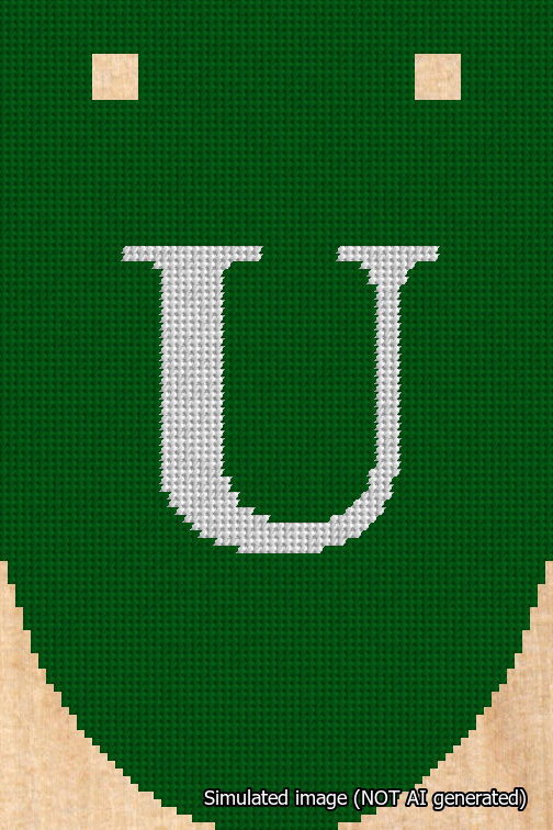 A simulated image of the stitched needlepoint design: Banner 18m Rounded U White on Green. Not A.I. generated.