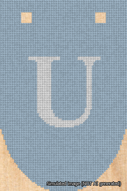 A simulated image of the stitched needlepoint design: Banner 18m Rounded U White on Light Blue. Not A.I. generated.