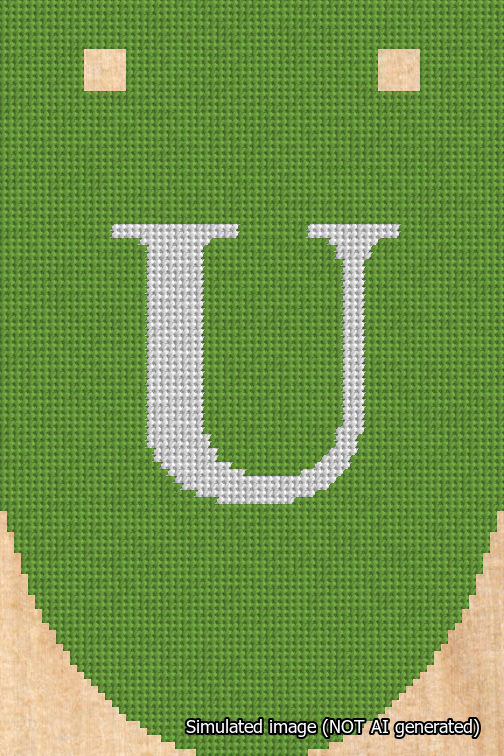 A simulated image of the stitched needlepoint design: Banner 18m Rounded U White on Light Green. Not A.I. generated.