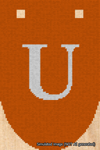A simulated image of the stitched needlepoint design: Banner 18m Rounded U White on Orange. Not A.I. generated.