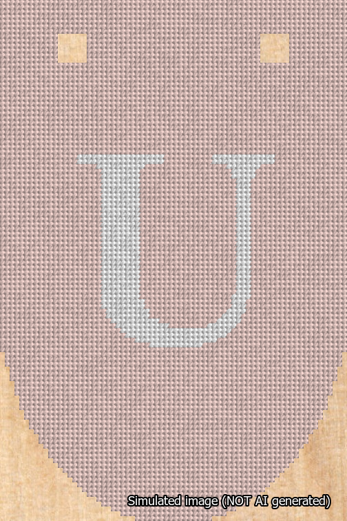 A simulated image of the stitched needlepoint design: Banner 18m Rounded U White on Pink. Not A.I. generated.