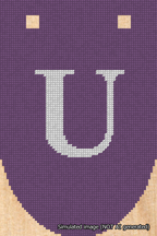 A simulated image of the stitched needlepoint design: Banner 18m Rounded U White on Purple. Not A.I. generated.