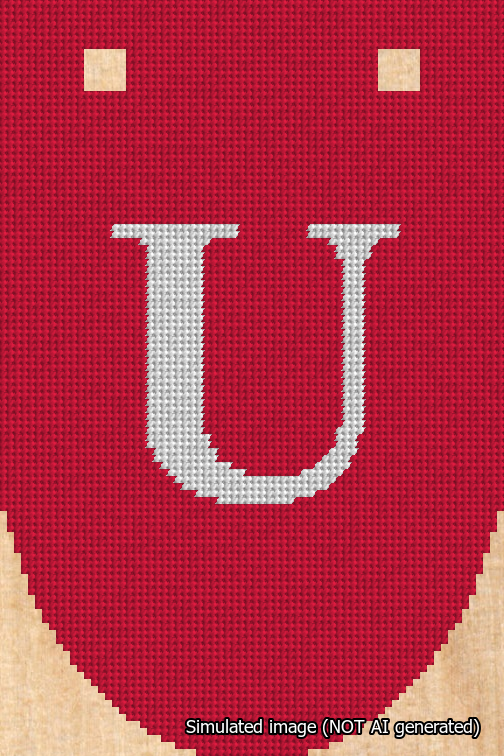 A simulated image of the stitched needlepoint design: Banner 18m Rounded U White on Red. Not A.I. generated.