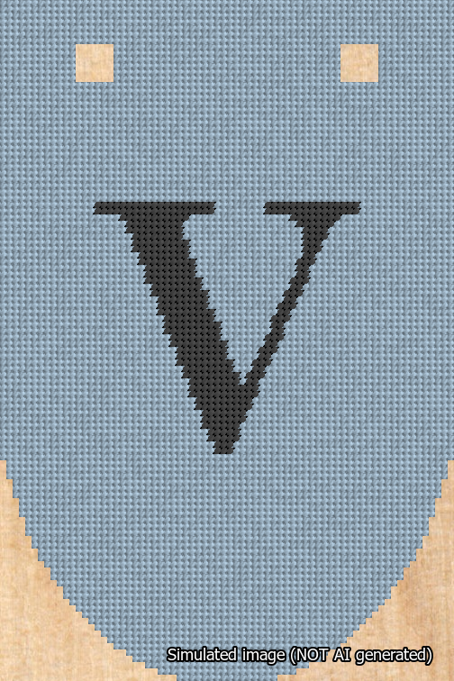 A simulated image of the stitched needlepoint design: Banner 18m Rounded V Black on Light Blue. Not A.I. generated.