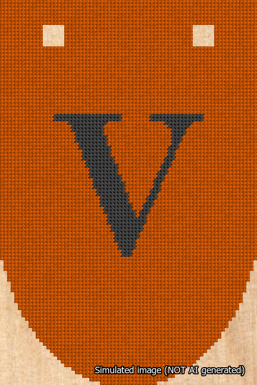 A simulated image of the stitched needlepoint design: Banner 18m Rounded V Black on Orange. Not A.I. generated.