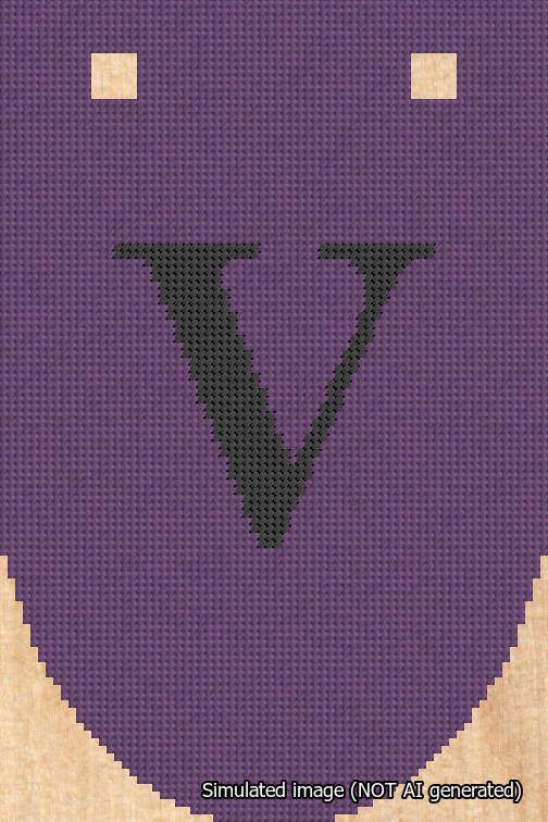A simulated image of the stitched needlepoint design: Banner 18m Rounded V Black on Purple. Not A.I. generated.