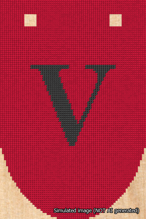 A simulated image of the stitched needlepoint design: Banner 18m Rounded V Black on Red. Not A.I. generated.