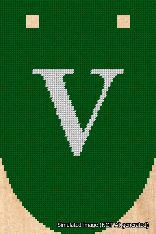 A simulated image of the stitched needlepoint design: Banner 18m Rounded V White on Green. Not A.I. generated.