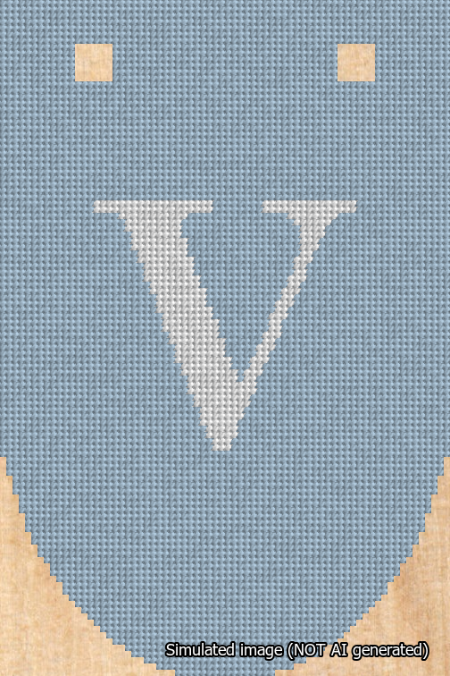 A simulated image of the stitched needlepoint design: Banner 18m Rounded V White on Light Blue. Not A.I. generated.
