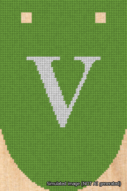A simulated image of the stitched needlepoint design: Banner 18m Rounded V White on Light Green. Not A.I. generated.