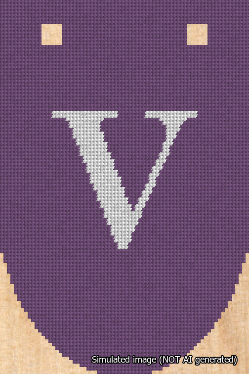 A simulated image of the stitched needlepoint design: Banner 18m Rounded V White on Purple. Not A.I. generated.
