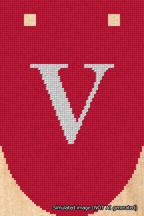 A simulated image of the stitched needlepoint design: Banner 18m Rounded V White on Red. Not A.I. generated.