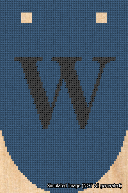 A simulated image of the stitched needlepoint design: Banner 18m Rounded W Black on Blue. Not A.I. generated.