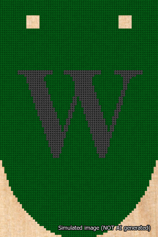 A simulated image of the stitched needlepoint design: Banner 18m Rounded W Black on Green. Not A.I. generated.