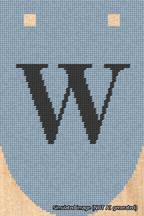 A simulated image of the stitched needlepoint design: Banner 18m Rounded W Black on Light Blue. Not A.I. generated.