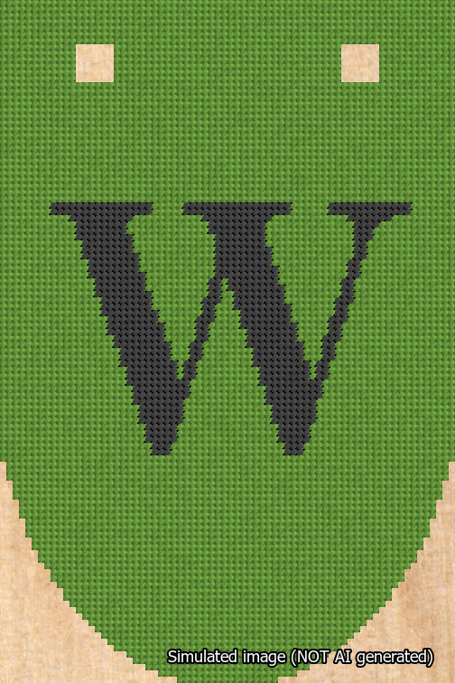A simulated image of the stitched needlepoint design: Banner 18m Rounded W Black on Light Green. Not A.I. generated.