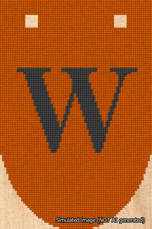 A simulated image of the stitched needlepoint design: Banner 18m Rounded W Black on Orange. Not A.I. generated.