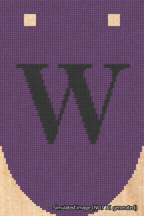 A simulated image of the stitched needlepoint design: Banner 18m Rounded W Black on Purple. Not A.I. generated.