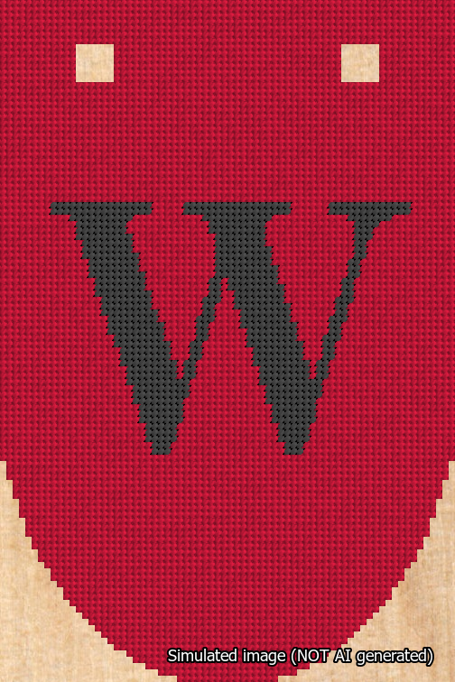 A simulated image of the stitched needlepoint design: Banner 18m Rounded W Black on Red. Not A.I. generated.