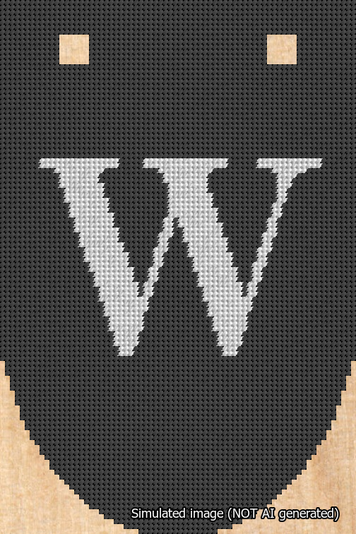 A simulated image of the stitched needlepoint design: Banner 18m Rounded W White on Black. Not A.I. generated.