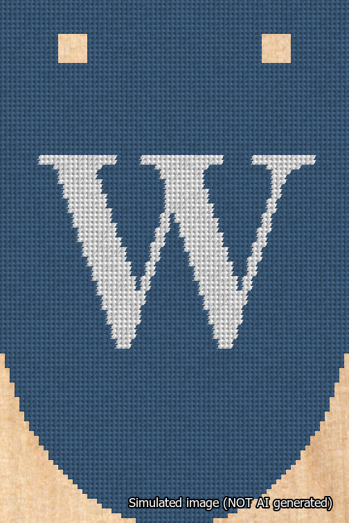 A simulated image of the stitched needlepoint design: Banner 18m Rounded W White on Blue. Not A.I. generated.