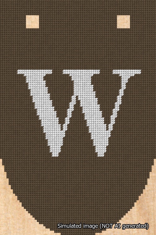 A simulated image of the stitched needlepoint design: Banner 18m Rounded W White on Brown. Not A.I. generated.