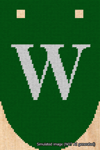 A simulated image of the stitched needlepoint design: Banner 18m Rounded W White on Green. Not A.I. generated.
