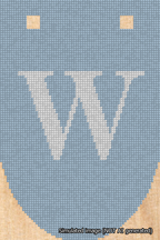A simulated image of the stitched needlepoint design: Banner 18m Rounded W White on Light Blue. Not A.I. generated.