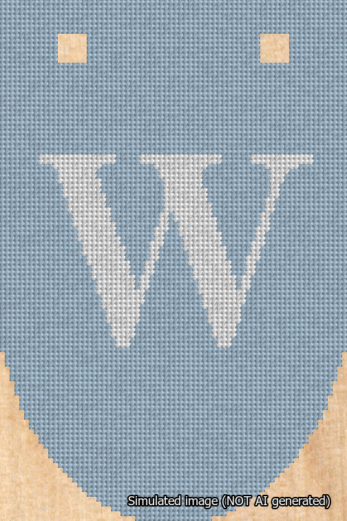A simulated image of the stitched needlepoint design: Banner 18m Rounded W White on Light Blue. Not A.I. generated.