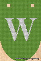 A simulated image of the stitched needlepoint design: Banner 18m Rounded W White on Light Green. Not A.I. generated.