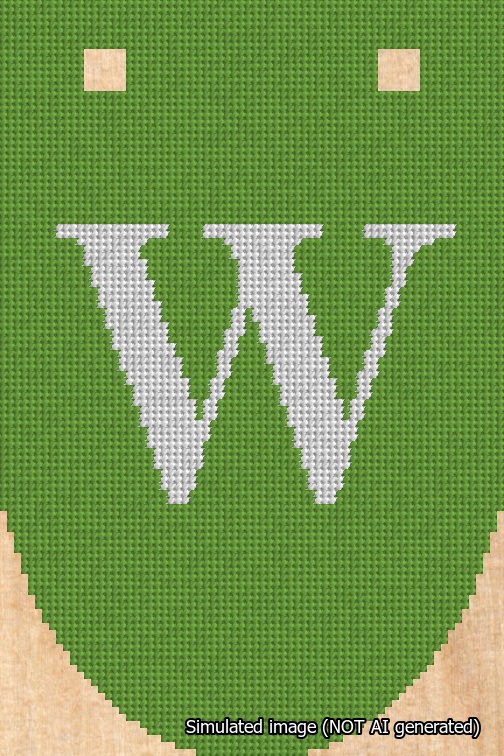 A simulated image of the stitched needlepoint design: Banner 18m Rounded W White on Light Green. Not A.I. generated.