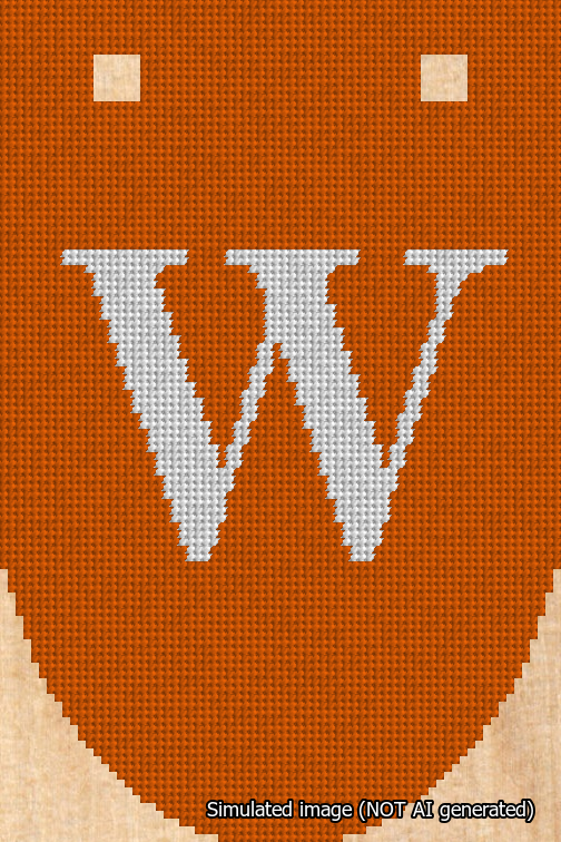 A simulated image of the stitched needlepoint design: Banner 18m Rounded W White on Orange. Not A.I. generated.