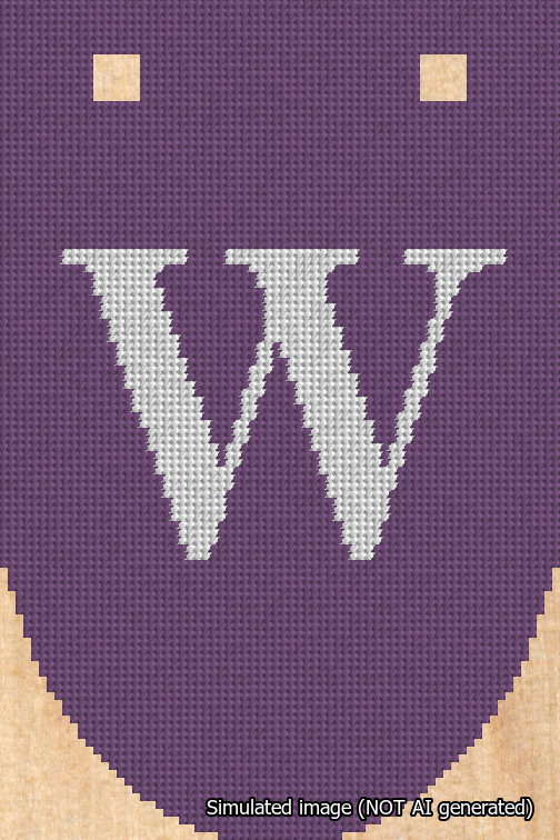 A simulated image of the stitched needlepoint design: Banner 18m Rounded W White on Purple. Not A.I. generated.