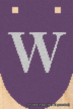 A simulated image of the stitched needlepoint design: Banner 18m Rounded W White on Purple. Not A.I. generated.