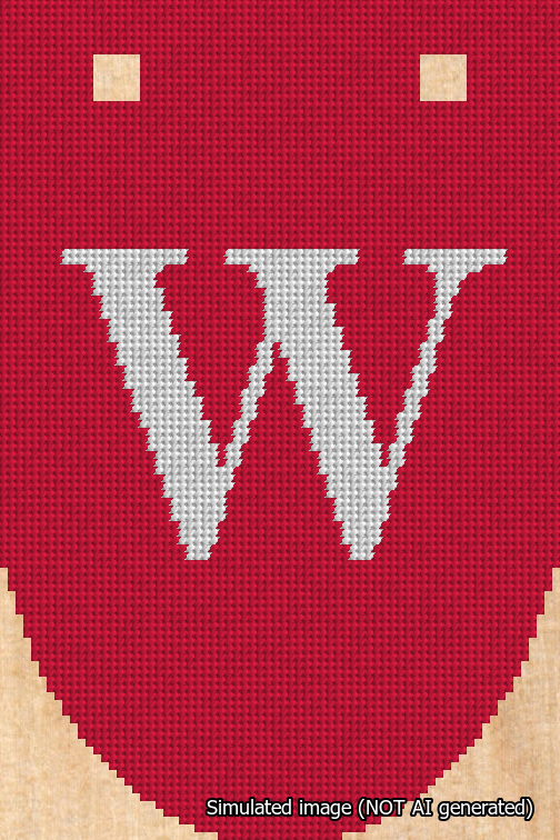 A simulated image of the stitched needlepoint design: Banner 18m Rounded W White on Red. Not A.I. generated.