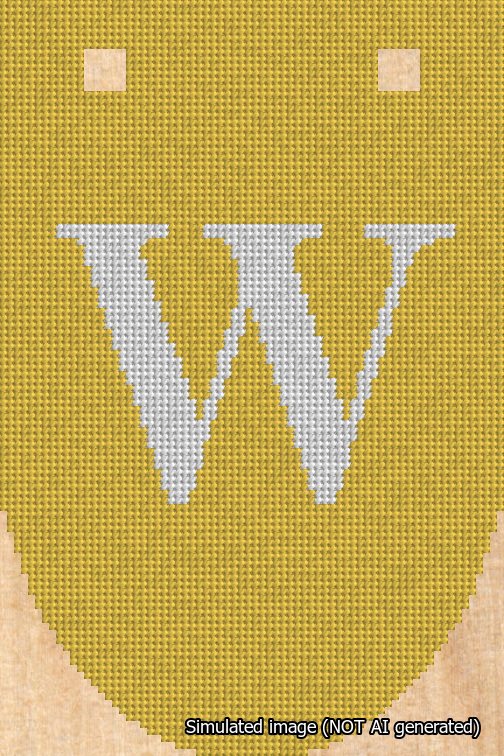 A simulated image of the stitched needlepoint design: Banner 18m Rounded W White on Yellow. Not A.I. generated.