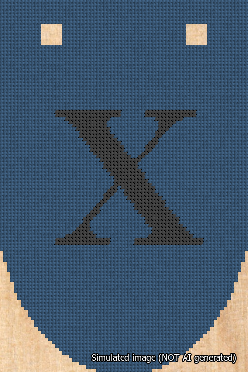 A simulated image of the stitched needlepoint design: Banner 18m Rounded X Black on Blue. Not A.I. generated.