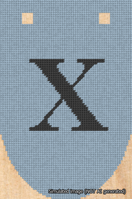 A simulated image of the stitched needlepoint design: Banner 18m Rounded X Black on Light Blue. Not A.I. generated.