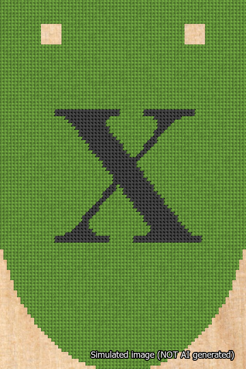 A simulated image of the stitched needlepoint design: Banner 18m Rounded X Black on Light Green. Not A.I. generated.