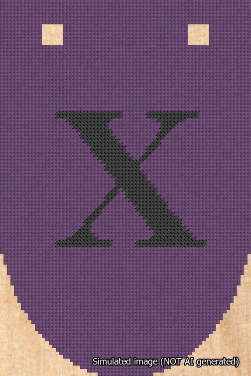 A simulated image of the stitched needlepoint design: Banner 18m Rounded X Black on Purple. Not A.I. generated.
