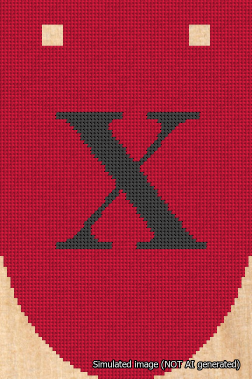 A simulated image of the stitched needlepoint design: Banner 18m Rounded X Black on Red. Not A.I. generated.