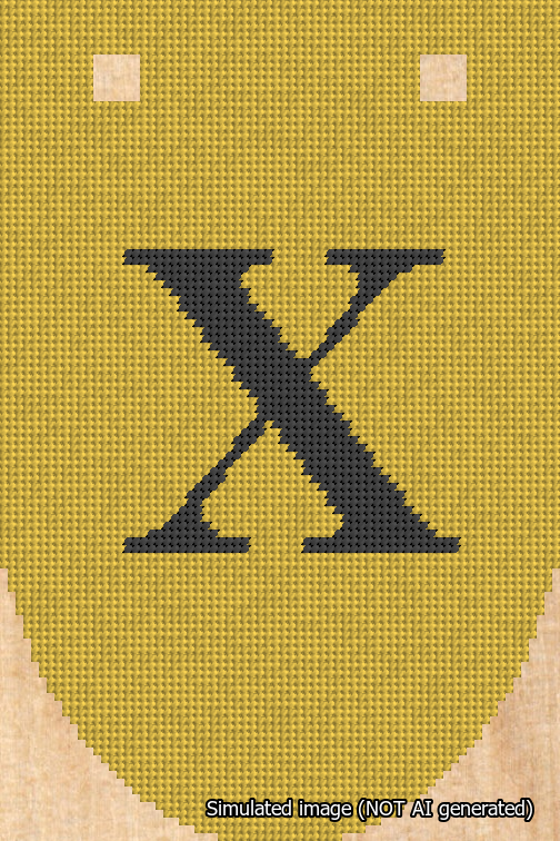 A simulated image of the stitched needlepoint design: Banner 18m Rounded X Black on Yellow. Not A.I. generated.