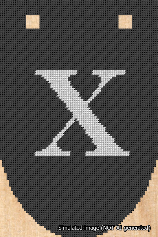 A simulated image of the stitched needlepoint design: Banner 18m Rounded X White on Black. Not A.I. generated.